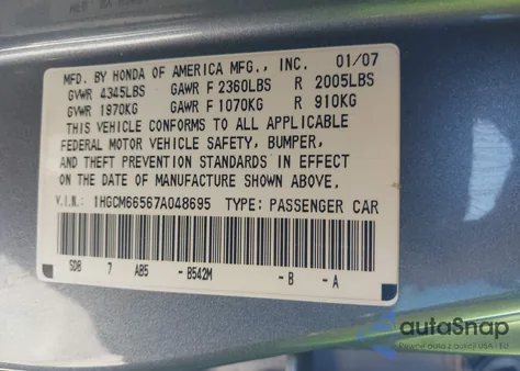 2007 Honda Accord 3.0 Ex из США, поврежденный, VIN 1HGCM66567A048695